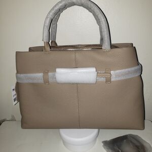Structured Beige Taupe Leather Satchel Handbag for Women